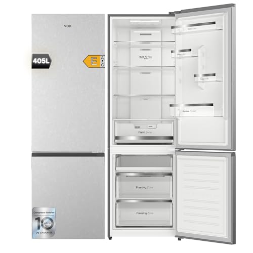 VOK Frigorífico Combinado No Frost 405L en 185.5cm - Compresor Inverter Silencioso 37dB, MaxVolume, Multi Air Flow, Zona0ºC, Clase E, Inox, EVR-405NEI
