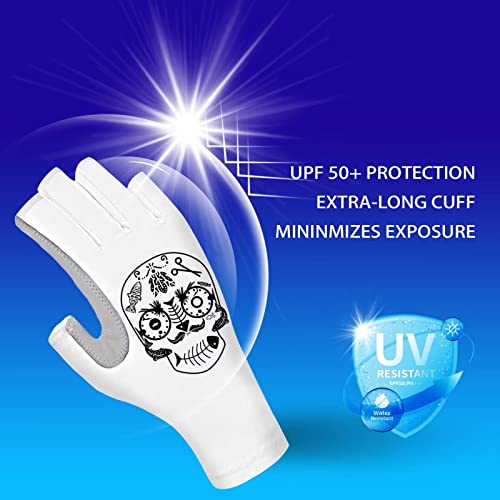 Riverruns Fingerless Fishing Gloves- Fishing Sun Gloves- Uv Protection Gloves Men And Women Fishing, Boating, Kayaking, Hiking, Running, Cycling And Driving (White Skull, M) #TOP4
