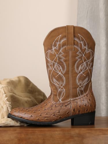 Image of Western cowboy boots, ostrich leather, embroidered design, brown, mid-calf, men's antique ostrich embossed exotic western boots round head.