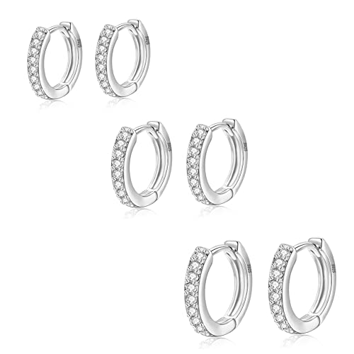 3 Pairs Sterling Silver Hoop Earrings for Women S925 Huggie Hoop Earrings With Cubic Zirconia Small Cartilage Sleepers Huggie Hinged Earrings Set for Girls Men