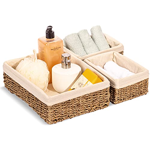 Sorbus Woven Wicker Storage Baskets For Organizing, Seagrass Decorative Shelf Organizer Bins With Liner, Organization Storage Bins For Living Room Books, -Bathroom Towels, Bedroom, Handmade, Set Of 3 #TOP7