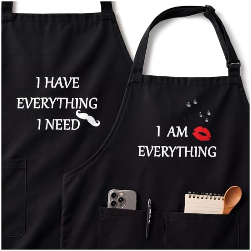 YIKA® Couples Aprons, Christmas Gift for Couples Who Have Everything, Matching Apron Set for Him and Her, Adjustable Neck Strap, Extra Long Ties, 2 Pockets, Black