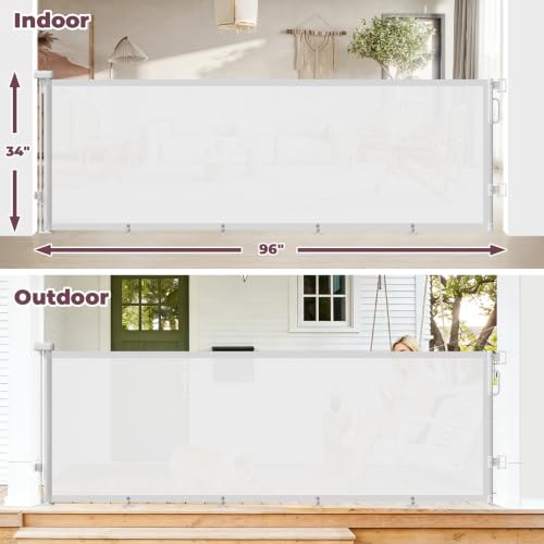 Image of 96 inch Retractable Baby Gate, Long Mesh Dog Gate for Garage Deck Porch | Strong Suction Disc Prevent Crawling Under, 34 inch Tall Child Safety Gate for Large Openings, Indoor Outdoor Use, White
