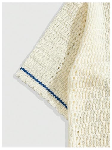 Men's Floral Embroidery Crochet Boho Tops Hollow Out Short Sleeve Collared Knitted Sweaters4