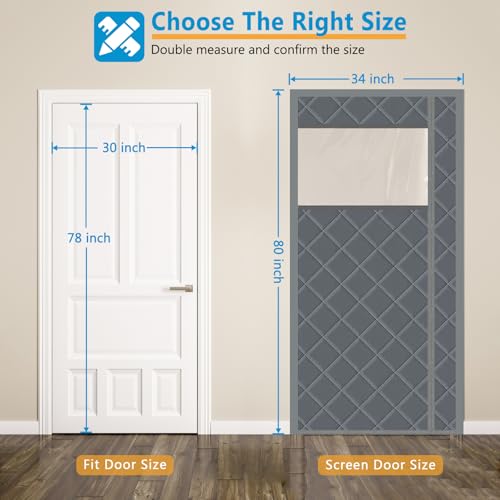 Magnetic Thermal Insulated Door Curtain, 30 x 78 Inch Winter Door Cover Curtain Size 34 x 80 Waterproof Thick Insulation Blanket with Visible Window Side Opening Gray — view 2