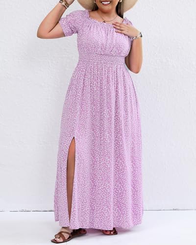 Image of Holipick Women's Off The Shoulder Boho Dress Plus Size Floral Smocked Waist Split Summer Maxi Sundress with Pockets