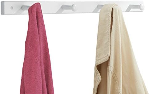 mDesign Wall Mounted Coat Rack Strip  Wooden Wall Hooks  Wall Hanger with 4 Coat Pegs  for Storage of Coats, Jackets, Scarves and Towels  54.6 cm x 7.6 cm x 3.8 cm  White