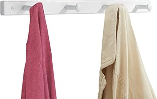mDesign Wall Mounted Coat Rack Strip  Wooden Wall Hooks  Wall Hanger with 4 Coat Pegs  for Storage of Coats, Jackets, Scarves and Towels  54.6 cm x 7.6 cm x 3.8 cm  White