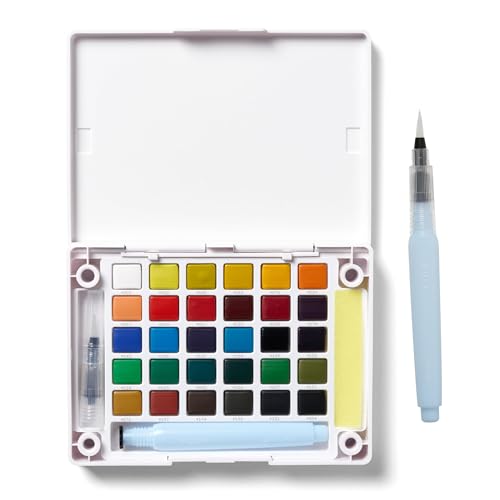 SAKURA Koi Pocket Field Sketch Kit - Zestawy akwareli do malowania w podróży - prezenty świąteczne dla artystów, rzemieślników i projektów prezentów DIY - 30 kolorów - 1 szczotka do wody - 1 gąbka - 1