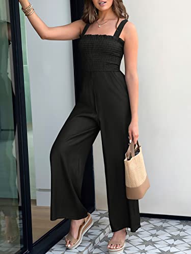 Caracilia Womens Summer Sleeveless Jumpsuits Casual Frill Smocked Wide Leg Pants Jumpsuit Black With Pockets C49A4-Heise-M #TOP5