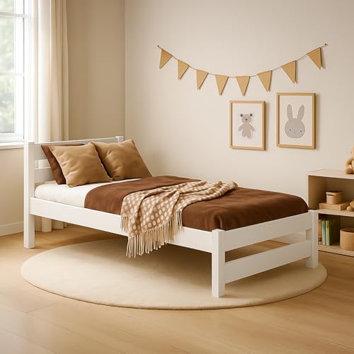 MEBLE WRÓBEL Kinderbett 80x180 cm in Weiß - Jugendbett - Kinder Bett Montessori - Einzelbett aus Kiefer Massivholz – Lattenrost – Tagesbett ohne Matratze
