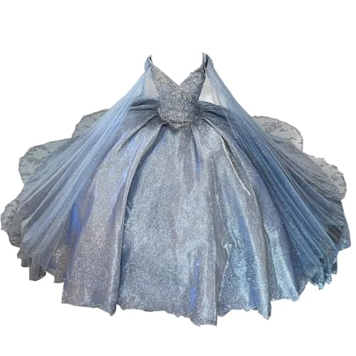 Sparkly Fabric Gold Embroidery Patterning V Neck Ball Gown Quinceanera Prom Formal Dresses with Straps 2025