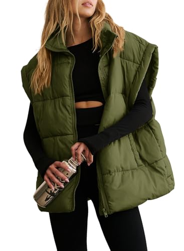 Dokotoo Women's Oversized Green Puffer Vest for Women 2025 Trendy Stand Collar Flysleeve Insulated Padded Winter Quilted Outerwear Jacket Coats with Pockets Small