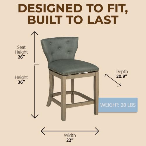Image of ROME + OAK Carlynd 26 inch Counter Stool, Low Back Swivel Kitchen Barstool in Reclaimed Oak Finish with Grey Stone Vegan Leather Upholstered Seat