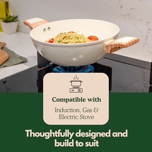 Image of Kreme Ceracook Ceramic Coated Granite Kadai 3.2L /26cm with Glass Lid, Deep Frying Kadhai, ISI Certified, Forged Aluminium, Gas & Induction Use, Non Toxic PFAS & PTFE Free, 1 Yr Warranty, Ivory