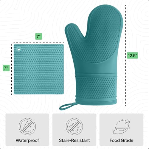 Image of GORILLA GRIP BPA-Free Soft Silicone Oven Mitts and Pot Holders Sets, Heat Resistant Waterproof Cooking Gloves, Thick Cotton Lining, Flexible Gripping for Baking Grilling, Kitchen Trivets, Turquoise