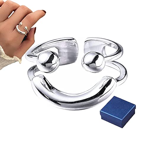 ZEID Creative Smile Ring, 925 Sterling Silver Smiley Face Open Ring, Statement Smiling Face Rings, Smile Face Open Ring for Women, Fashion Statement Rings Jewelry Gifts