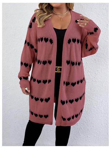Image of MakeMeChic Women's Plus Size Long Cadigan Sweaters Casual Open Front Kint Lightweight Cadigan Heart Long Sleeve Outerwear