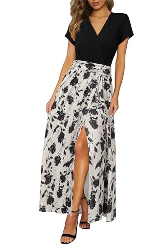 (-25%) Newshows Sommerkleid Damen Lang Maxikleid Sommer Kurzarm V Ausschnitt Strand Kleider Schwarz Blumen Aprikose,S