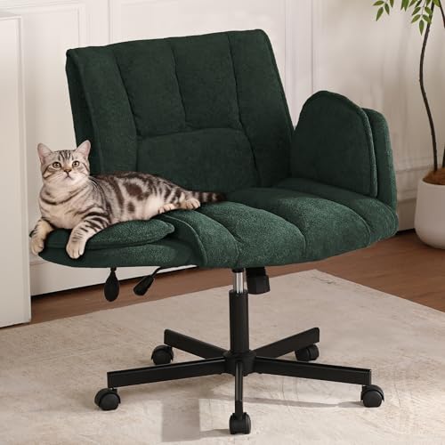 Image of Criss Cross Chair with Wheels & Outward-Folding Arms, Cross Legged Office Chair, Built-in Dynamic Airbag Lumbar Support, Apartment, Vanity, Dark Green