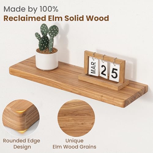 Image of Floating Shelves for Wall, 24 inchWx8 inchD Rustic Solid Elm Wood Floating Shelves Wall Mounted, Round Edge Wall Shelves with Invisible Bracket for Living Room Bathroom Bedroom Kitchen, Set of 2, Natural