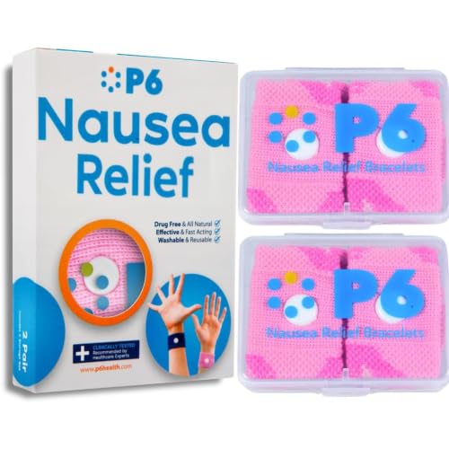 Image of P6 Motion Sickness Bands for Adults, 2 Pack, Pink | Anti Nausea Wristbands, Sea Cruise Travel Car Pregnancy, All-Natural Non Drowsy Relief, Acupressure Treatment