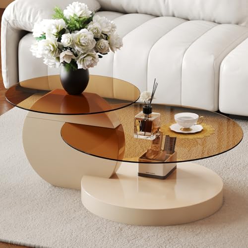 JCXINMZILY 42 Inch Glass Coffee Table,Round Coffee Table with 2-Tier Tempered Glass Tabletop,Easy to Clean Circle Coffee Table with Sturdy Base for Living Room,Office ( Cream White Colored Base)