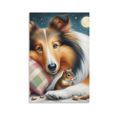 Tableau chien et écureuil 50x75cm pour décoration murale de salon