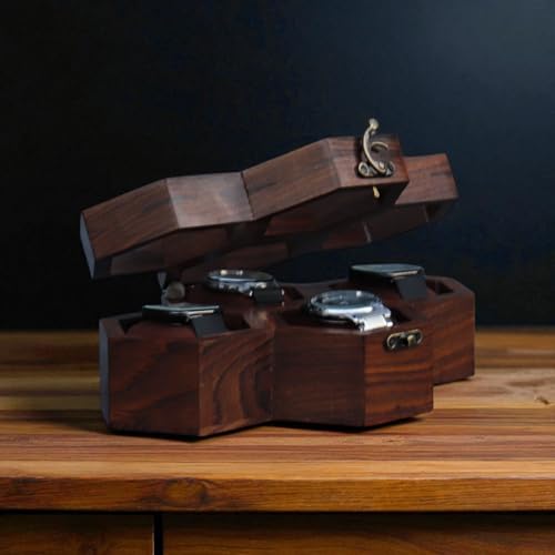 Image of Vintage Wooden Watch Box for Men, Timepiece Display Case, Honeycomb Watch Storage & Organizer, Jewlery Box for Women, Anniversary Gift For Husband (4 Compartments (Other Design))