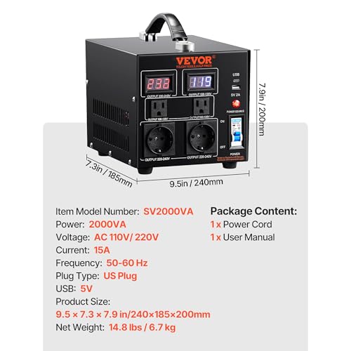 Image of VEVOR Voltage Converter Transformer, 2000W, Heavy Duty Step Up /Down Transformer, Convert from 110 Volt to 220 Volt and from 220 Volt to 110 Volt, with US Outlet EU Outlet 5V USB Port, CE Certified