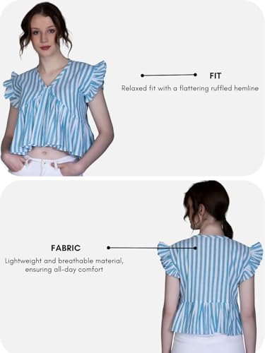 Image of Leriya Fashion Women's Western Regular Fit Crop Tops | Fancy Stripped with Ruffle Sleeves | Button Down Lightweight Cotton for Girls | Suitable for College Office Casual Wear for Ladies