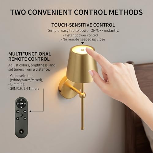Battery Operated Wall Sconces Set of 2, All-Metal Rechargeable Wireless Wall Sconces with 5200mAh Battery, Remote Control, Modern Gold Cordless Wall Lights for Bedroom Living Room Hallway Decor by IZOKIN - Used condition - Image 6