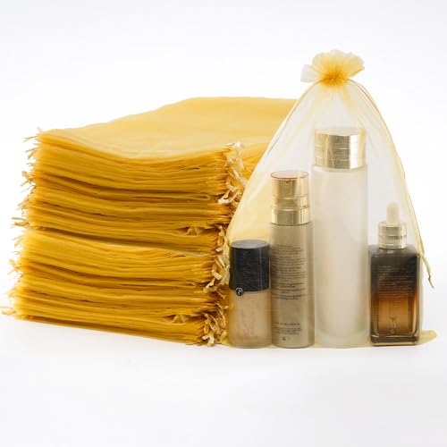 Image of Meowoo 100PCS Organza Bags, 8x12in Small Mesh Bags Drawstring, Mesh Gift Bags Drawstring for Jewelry, Candy, Christmas, Sachets, Festivals, Bathroom Soaps, Makeup Organza, Wrapping Supplies(gold)