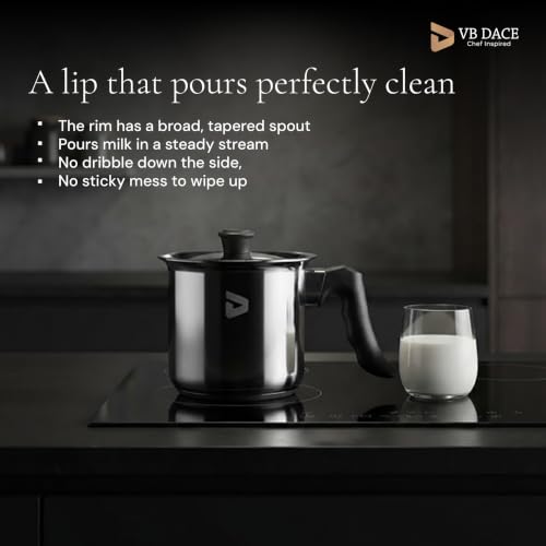 Image of VB DACE Stainless Steel Milk Pot with Lid, 1300 ml Total Capacity, Sandwich Bottom, Heavy-Gauge Stainless Steel, Induction & Gas Stove Compatible, Ergonomic Heat-Resistant Handle