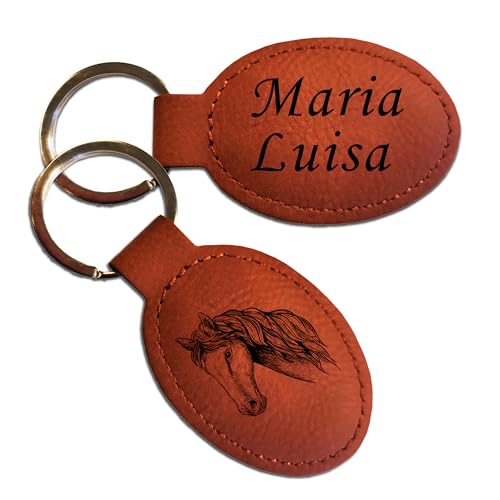 Llavero de caballo con grabado personalizado con diseño y nombre, piel sintética, jinete, amante de los caballos, equitación, regalo para niñas, marrón, ca. 90 x 43 mm