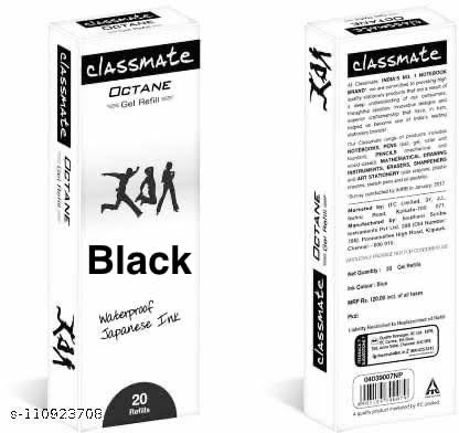 Image of Classmate Octane Gel Pen Black Refills, Waterproof Japanese Ink, Pack of 20