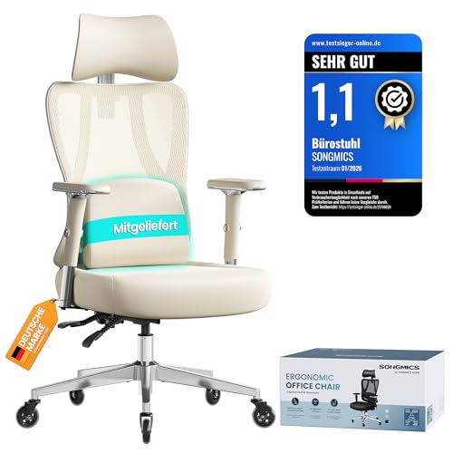 SONGMICS Bürostuhl ergonomisch, Schreibtischstuhl, Gaming-Stuhl, verstellbare Lenden-, Kopfstütze, Armlehnen, für Verschiedene Körpergröße, bis zu 150 kg belastbar, Kamelbraun- wolkenweiß OBN067LJ01