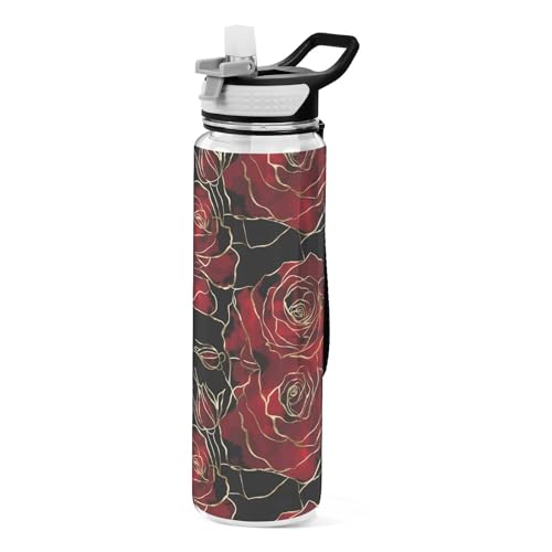 Mnsruu Red Roses Gold Black Water Bottle 1L with Straw, Leakproof BPA Free Tritan Drink Bottle, Sport Water Bottle for Men Women Kids