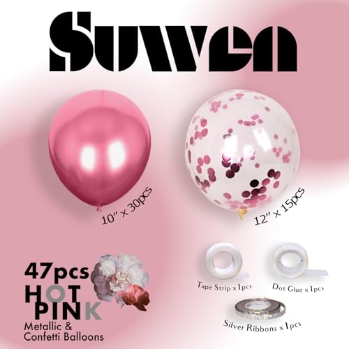 Image of SUWEN Pink Metallic and Confetti Balloons Set 47PCS Hot Pink Latex | Helium Chrome Balloon for Birthday Graduation Anniversary Wedding Party Decorations