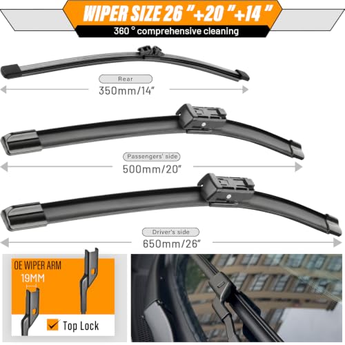 Image of AUTOBOO Windshield Wiper Blade Replacement for BMW X5 2019-2025 | Fits X5 2019-2025; 26 inch+20 inch front + 14 inch rear, OE fit, all-weather, quiet, easy install