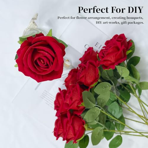 10 PCS Artificial Roses with Stems 10cm Long Fake Roses Silk Flowers Realistic Foam Flowers for Home Wedding Decorations (Brilliant Red) image 5