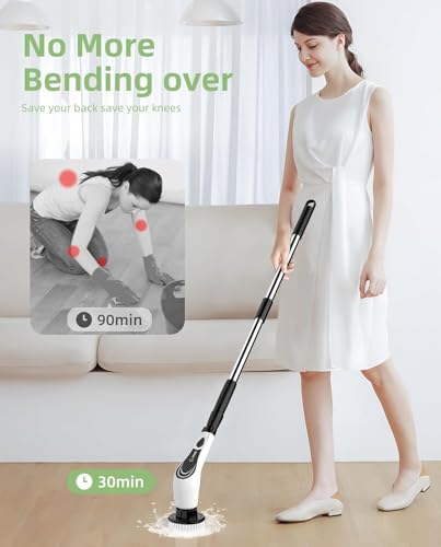 Electric Spin Scrubber, Cordless Cleaning Brush, Shower Scrubber with 8 Brush Heads, Power Scrubber Dual Speeds with Adjustable Extension Handle, IPX7 Waterproof for Bathtub Floor Tile Car-B - Thumbnail 3