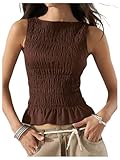 SOLY HUX Women's Shirred Ruffle Tank Tops Summer Sleeveless Slim Fit Going Out Vest Shirts Streetwear Solid Brown Medium