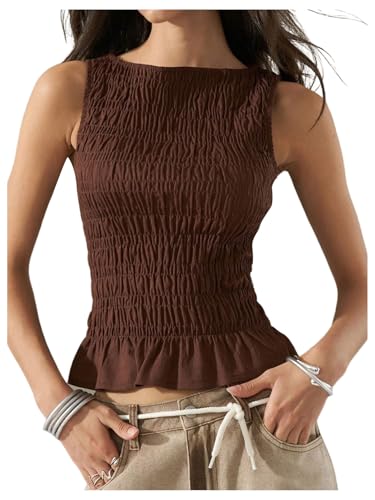 SOLY HUX Women's Shirred Ruffle Tank Tops Summer Sleeveless Slim Fit Going Out Vest Shirts Streetwear