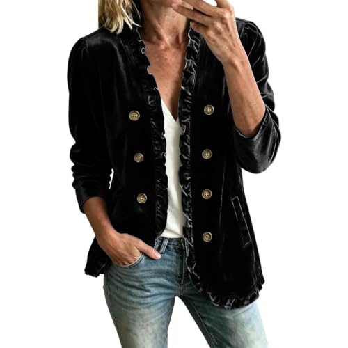 Velvet Jacket Women Long Sleeve Fall Jackets Ruffle Trim Cardigan Winter