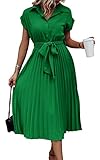 ECOWISH Womens Casual Flowy Pleated Midi Dresses Solid Short Sleeve Shirt Belted Dress for Spring Summer 2023 Green S