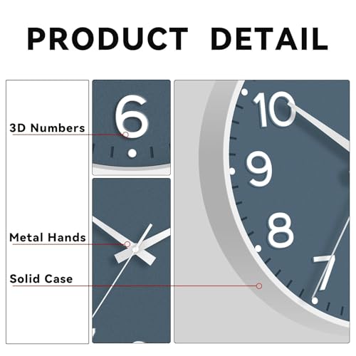 Image of Roymnie Wall Clock 10 Inch Silent Wall Clocks Battery Operated-Modern Non Ticking Analog Clock Decorative for Kitchen Bedroom Office Bathroom(Azure Blue)