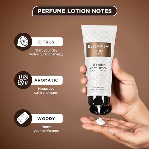 Image of Bella Vita Luxury OUD WHITE Perfume Body Lotion for Nourishing, Hydrating, Soft, Supple,Healthy Skin with Argan Oil and Shea Butter 200 Ml