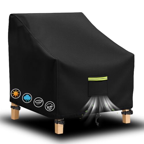 Patio Chair Covers – 420D Oxford Outdoor Chair Covers, Waterproof, Windproof, UV-Resistant, with Air Vents + Handles + Bottom Drawstring and Buckle (Black, 124×109×102cm)