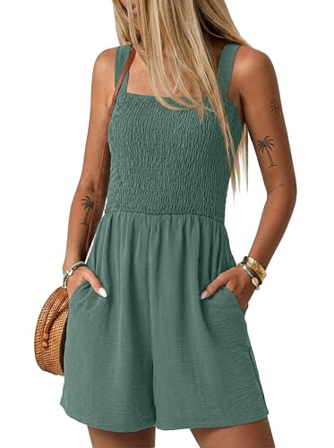 Image of Lepunuo Womens Rompers for Summer Casual Smocked Jumpers Overalls Square Neck Jumpsuits with Pockets Beach Vacation